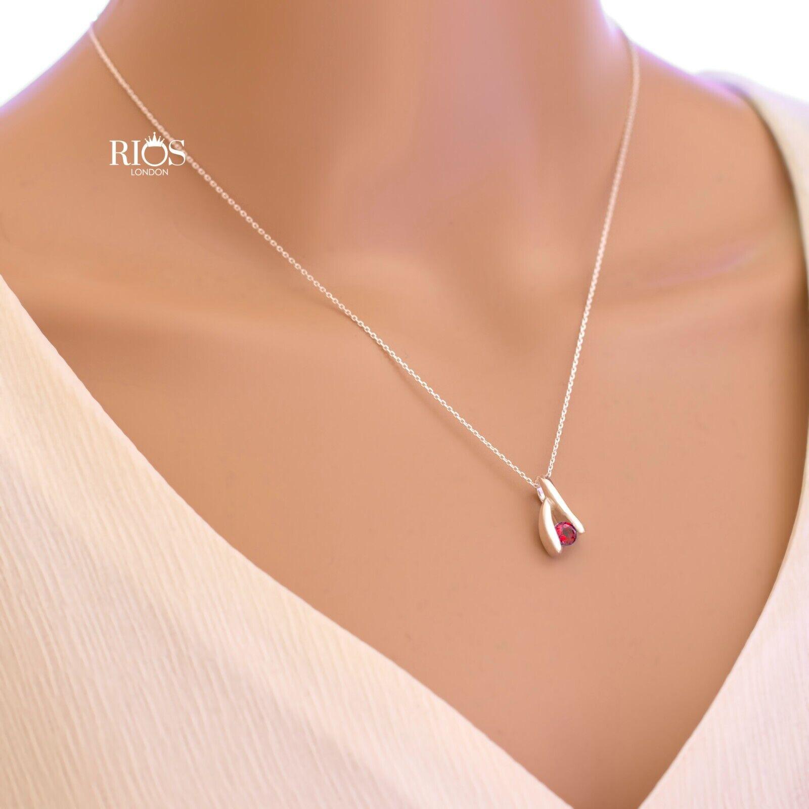 925 Sterling Silver Red Garnet Lab-Created Gemstone Chain Necklace Gift Boxed - Rios London