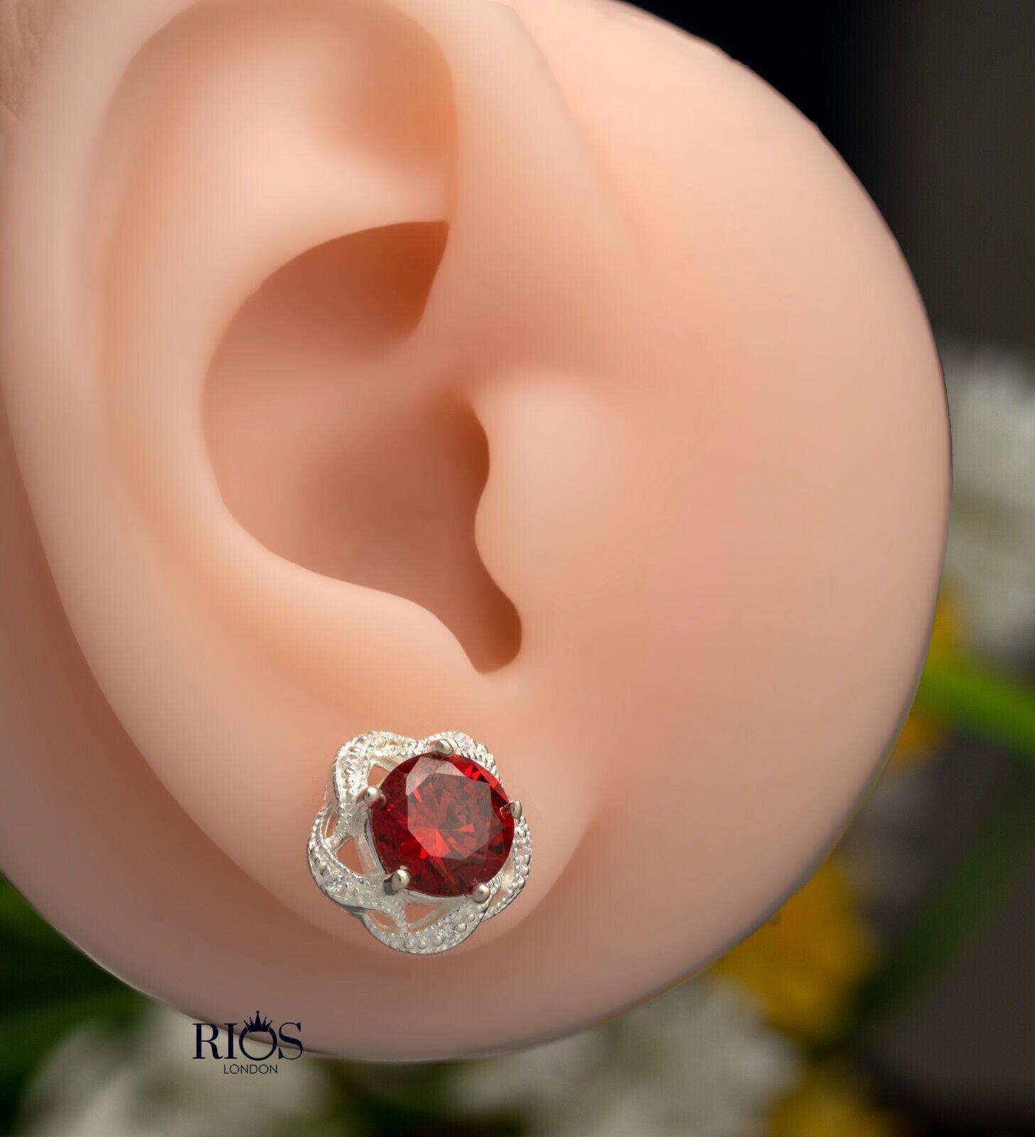 925 Sterling Silver Red Garnet Lab-Created Gemstone Studs Earrings Gift Boxed - Rios London