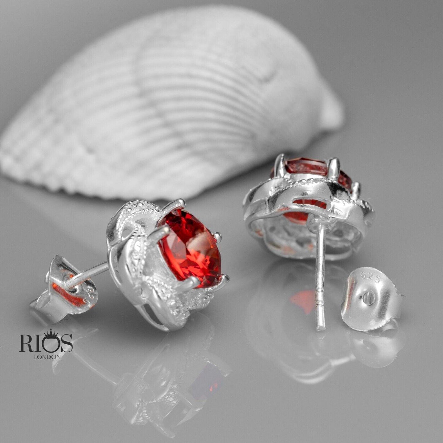 925 Sterling Silver Red Garnet Lab-Created Gemstone Studs Earrings Gift Boxed - Rios London