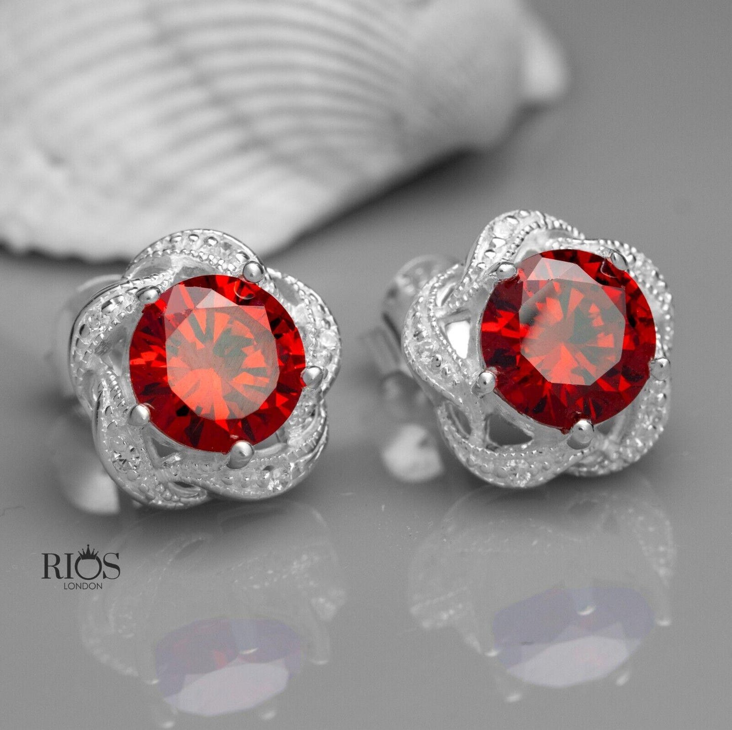 925 Sterling Silver Red Garnet Lab-Created Gemstone Studs Earrings Gift Boxed - Rios London