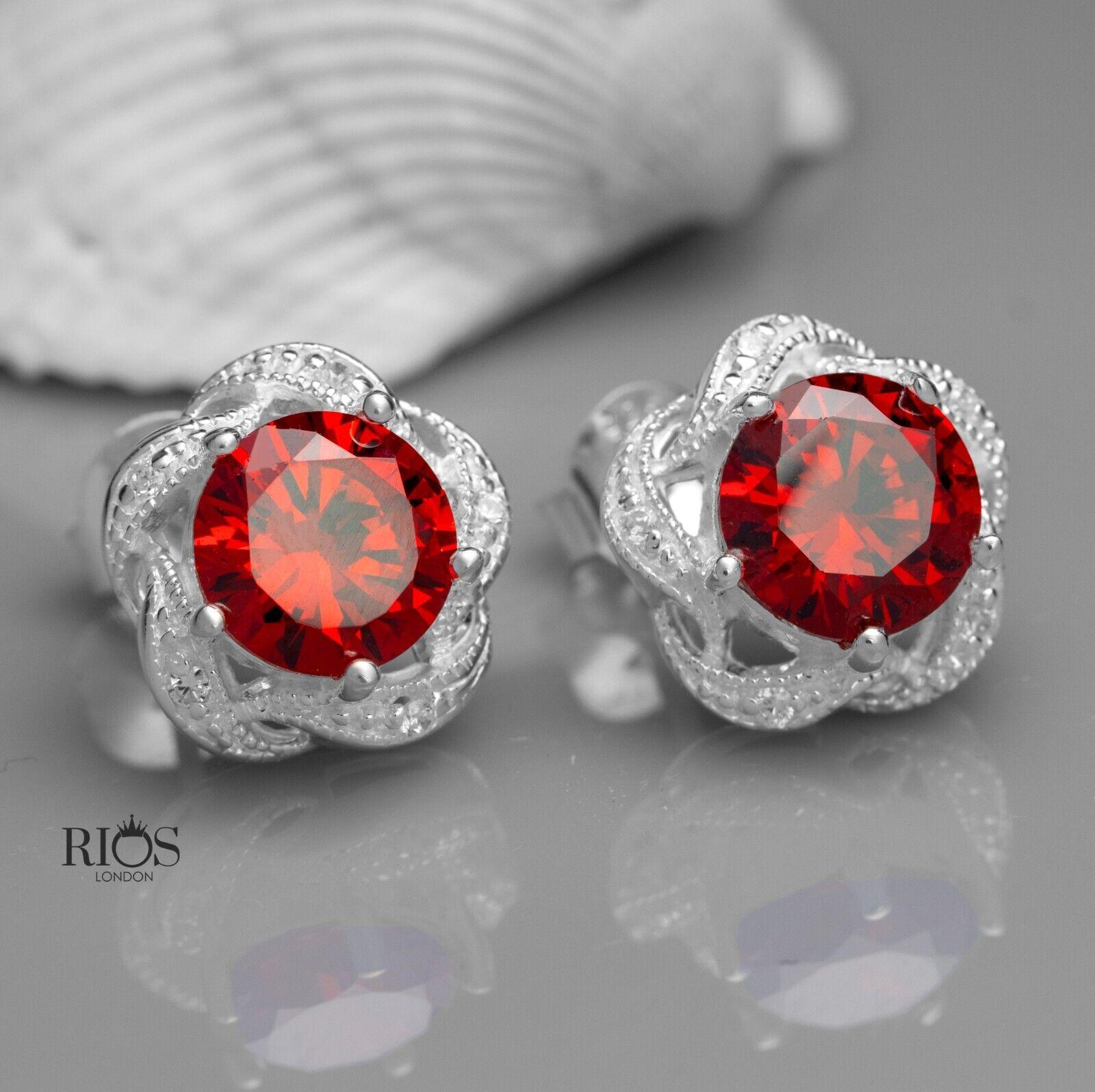 925 Sterling Silver Red Garnet Lab-Created Gemstone Studs Earrings Gift Boxed - Rios London