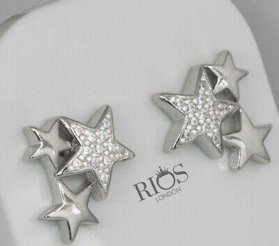 925 Sterling Silver Triple Stars Cz Earrings Studs Gift Boxed - Rios London