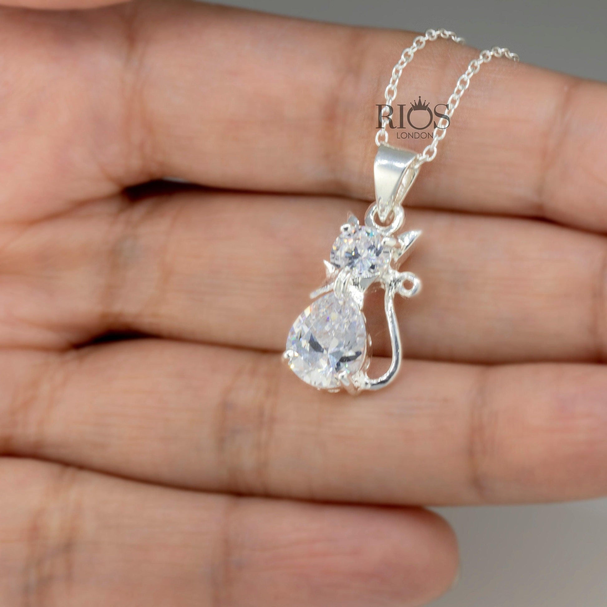 925 Sterling Silver Zircon Gemstone Necklace - Facet Cut Cat Stone Chain Jewellery- Boho Pendant Jewelry - Rios London