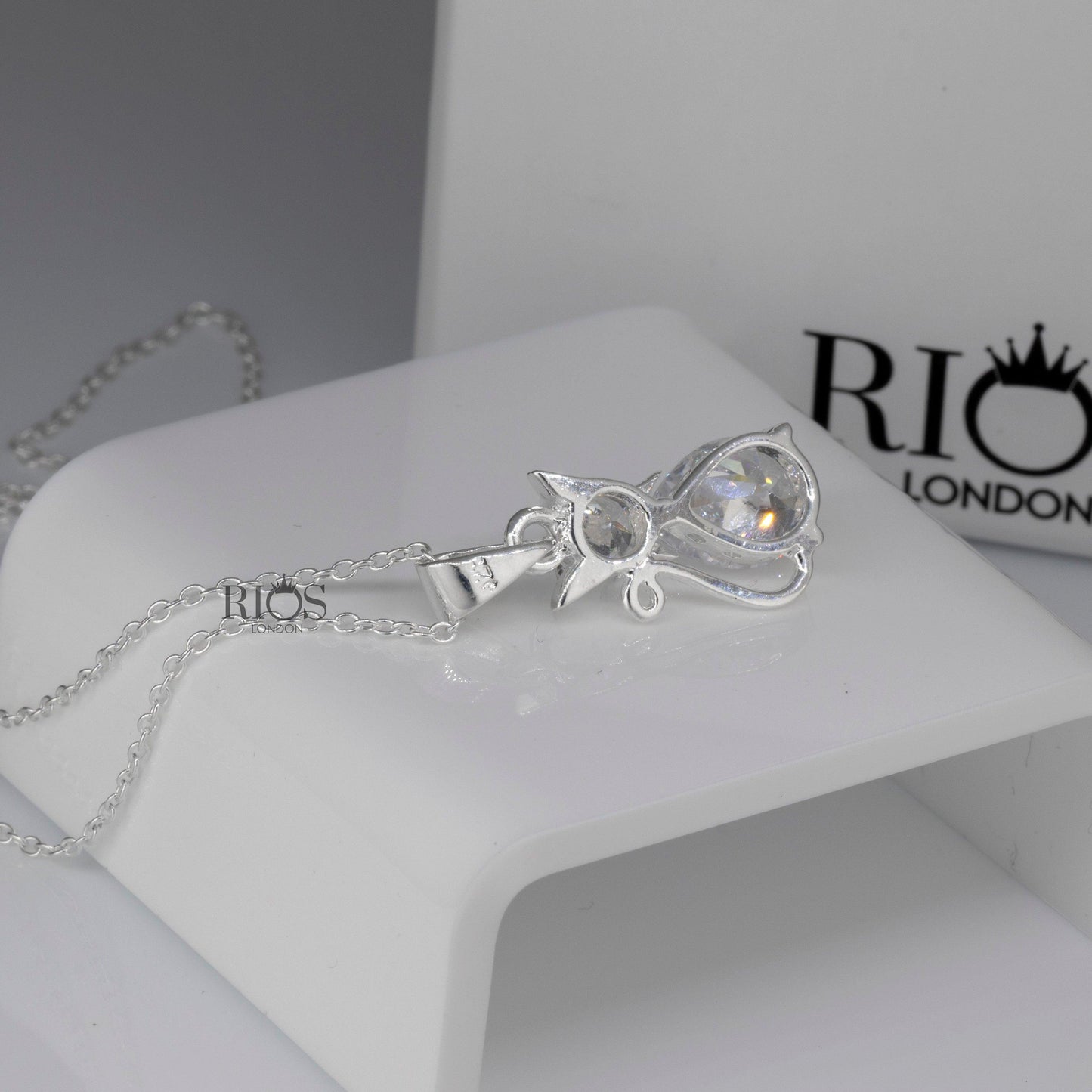 925 Sterling Silver Zircon Gemstone Necklace - Facet Cut Cat Stone Chain Jewellery- Boho Pendant Jewelry - Rios London