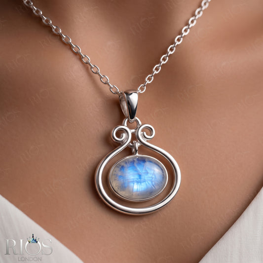 925 Sterling Silver Natural Moonstone Oval Pendant Women Chain Necklace Gift Boxed