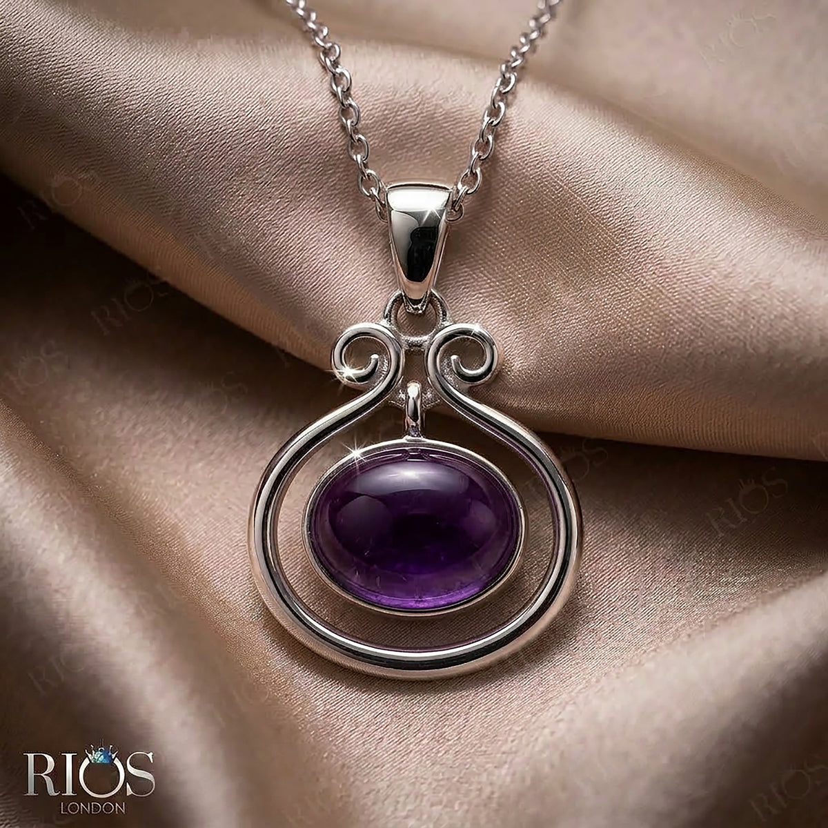 925 Sterling Silver Natural Amethyst Oval Pendant Women Chain Necklace Boxed