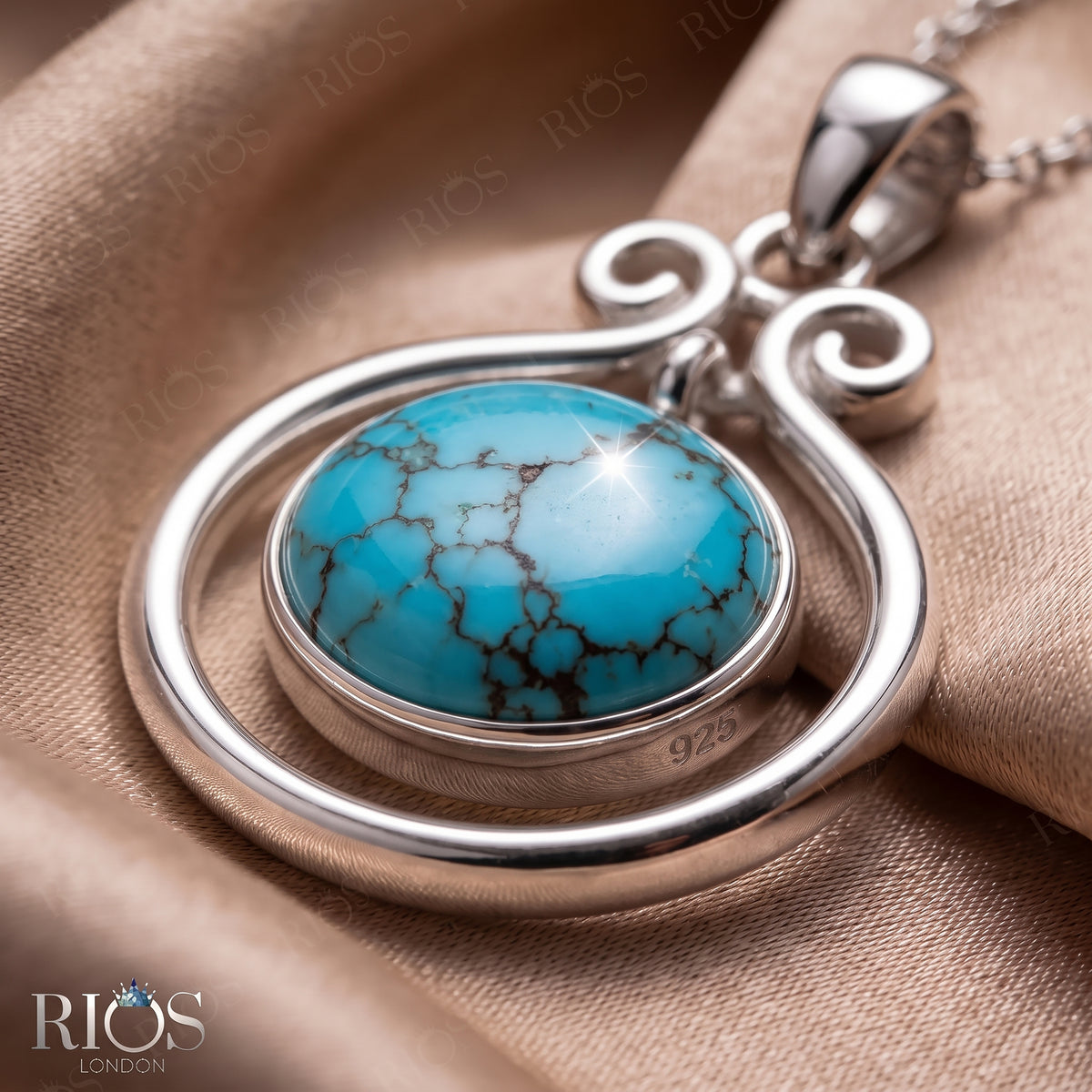925 Sterling Silver Natural Turquoise Oval Pendant Women Chain Necklace Boxed
