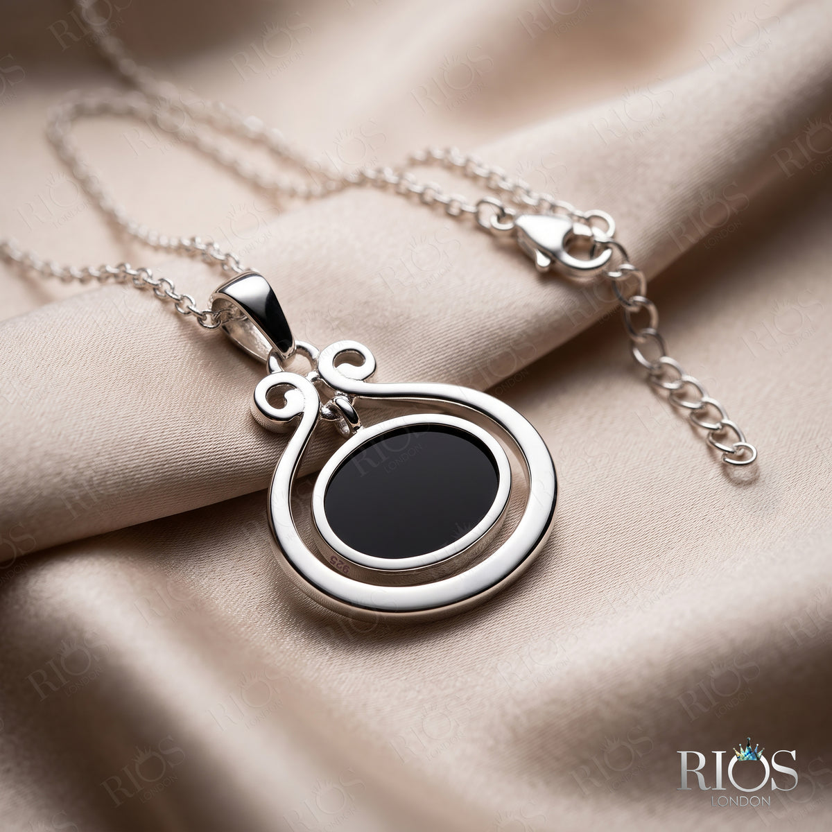 925 Sterling Silver Natural Onyx Necklace Oval Chain Pendant Gift 4 Women Boxed
