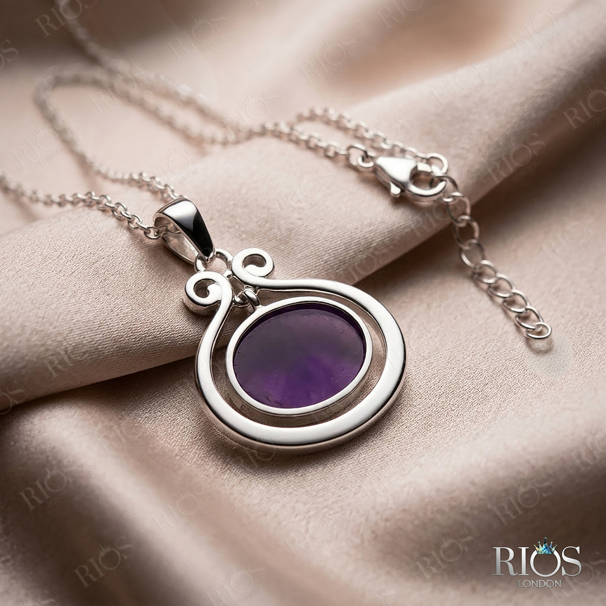 925 Sterling Silver Natural Amethyst Oval Pendant Women Chain Necklace Boxed