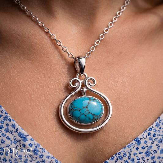 925 Sterling Silver Natural Turquoise Oval Pendant Women Chain Necklace Boxed