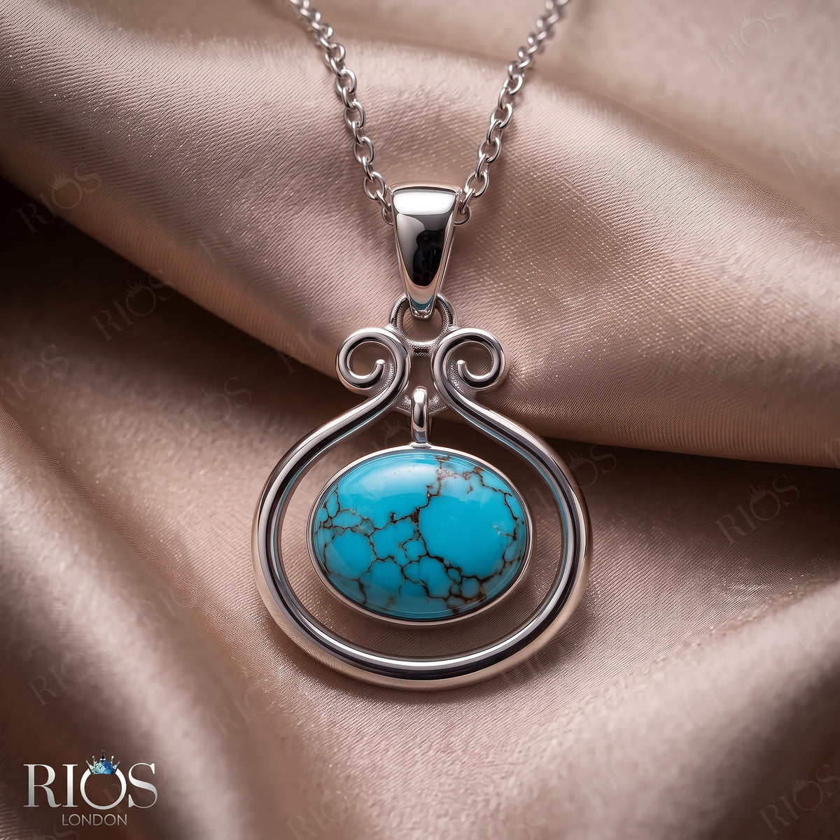925 Sterling Silver Natural Turquoise Oval Pendant Women Chain Necklace Boxed