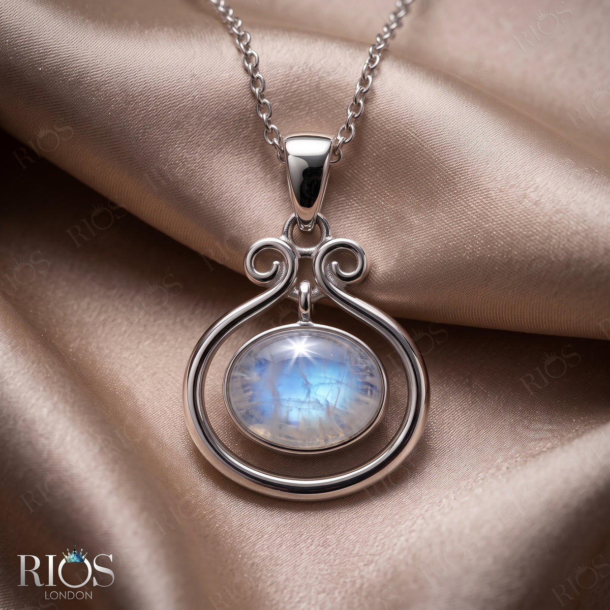 925 Sterling Silver Natural Moonstone Oval Pendant Women Chain Necklace Gift Boxed