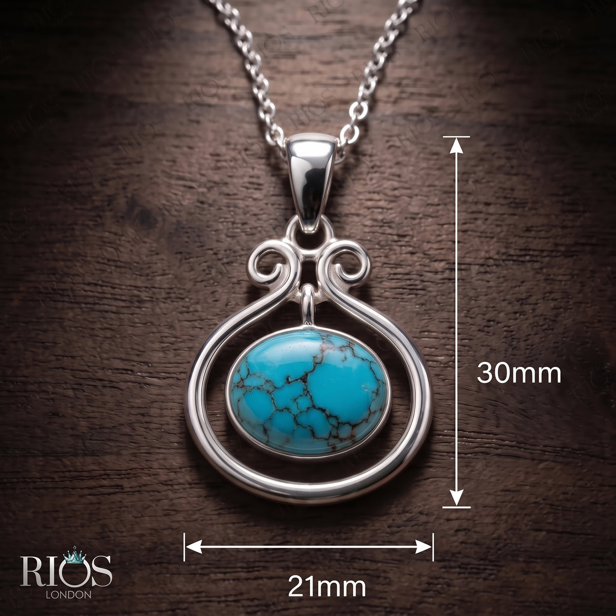 925 Sterling Silver Natural Turquoise Oval Pendant Women Chain Necklace Boxed