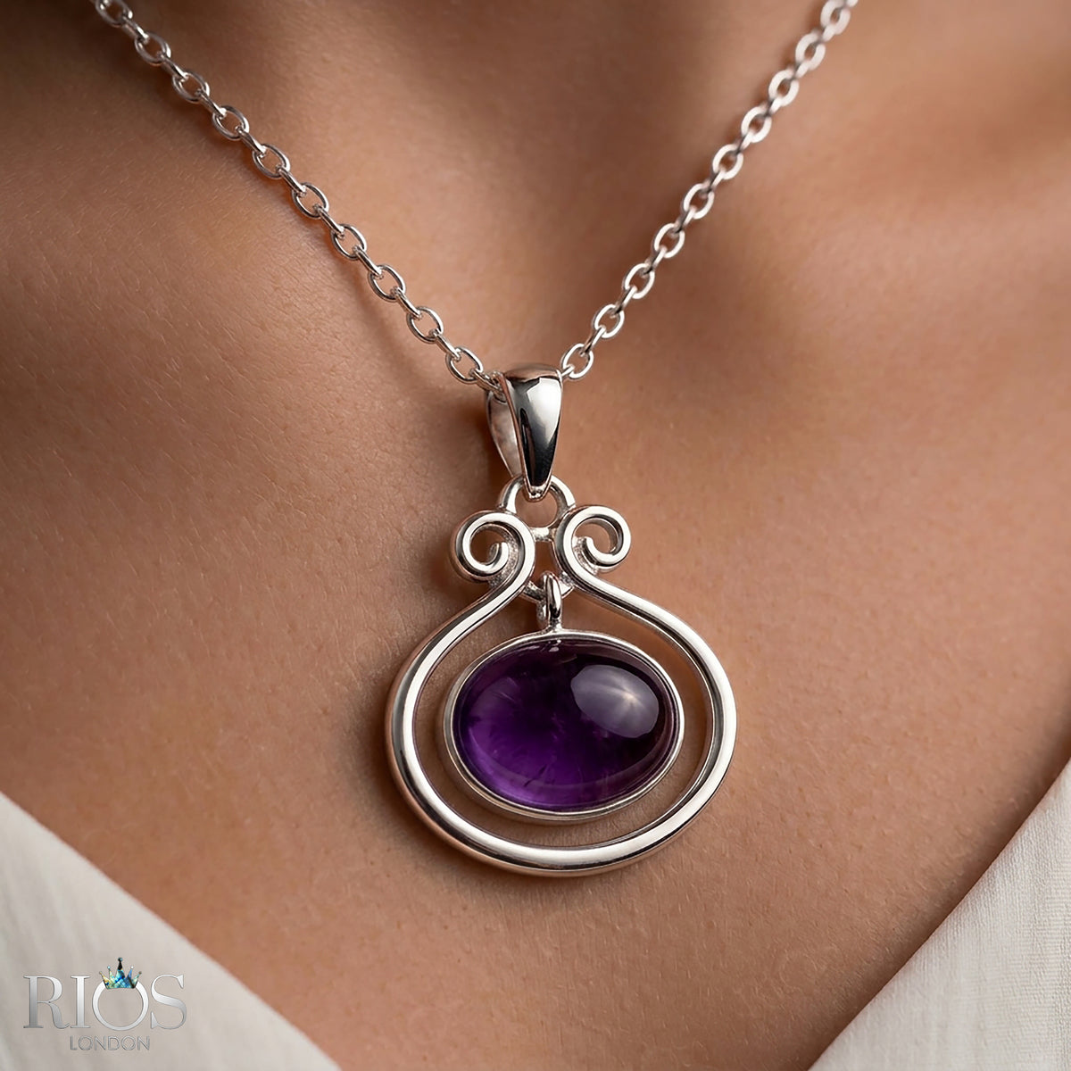 925 Sterling Silver Natural Amethyst Oval Pendant Women Chain Necklace Boxed