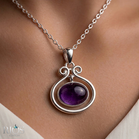 925 Sterling Silver Natural Amethyst Oval Pendant Women Chain Necklace Boxed
