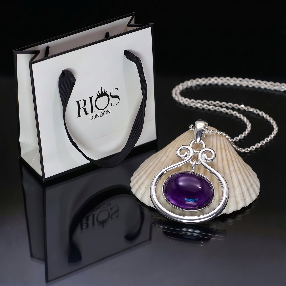 925 Sterling Silver Natural Amethyst Oval Pendant Women Chain Necklace Boxed