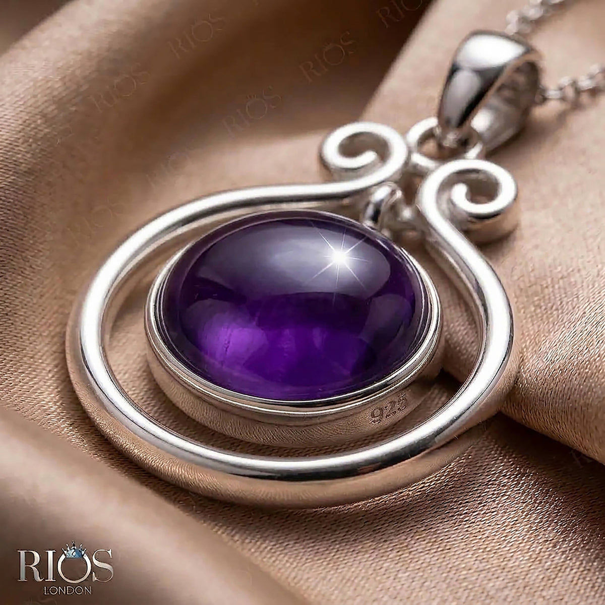 925 Sterling Silver Natural Amethyst Oval Pendant Women Chain Necklace Boxed