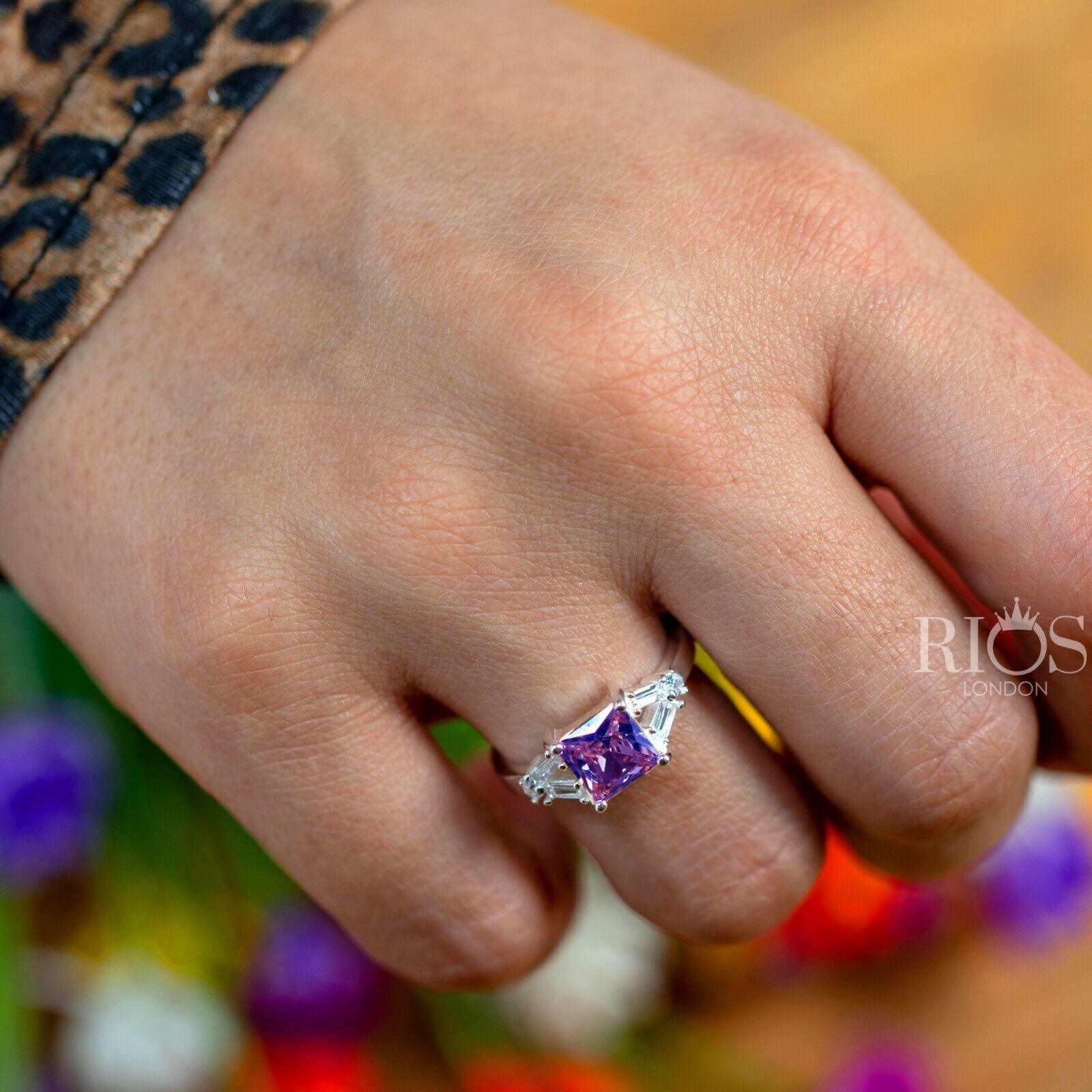 Amethyst 925 Sterling Silver Zircon Square Lab Created Gemstone Ring Gift Boxed - Rios London