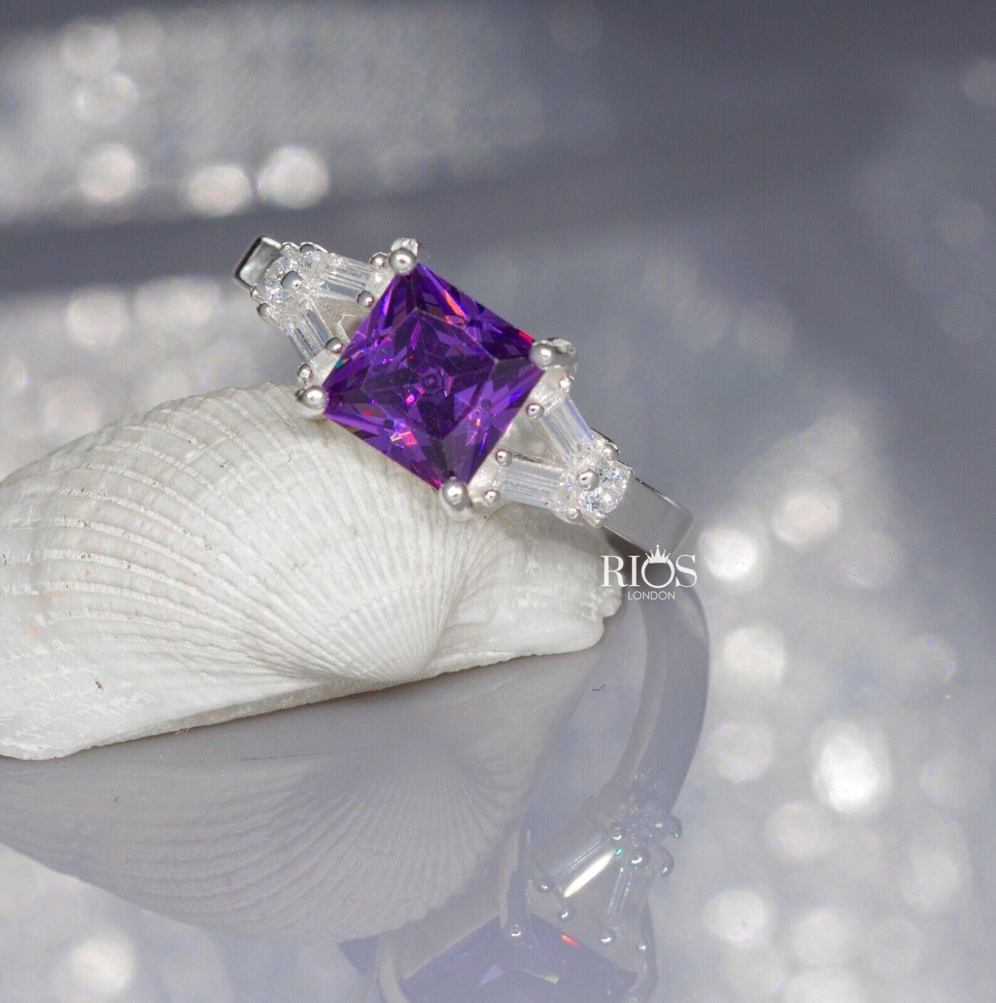 Amethyst 925 Sterling Silver Zircon Square Lab Created Gemstone Ring Gift Boxed - Rios London