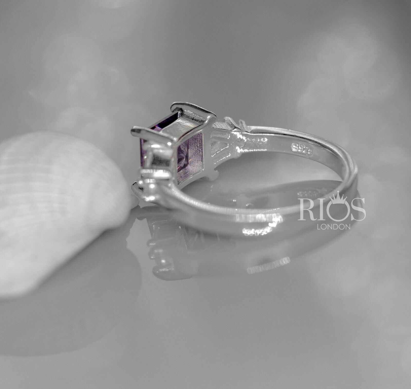 Amethyst 925 Sterling Silver Zircon Square Lab Created Gemstone Ring Gift Boxed - Rios London