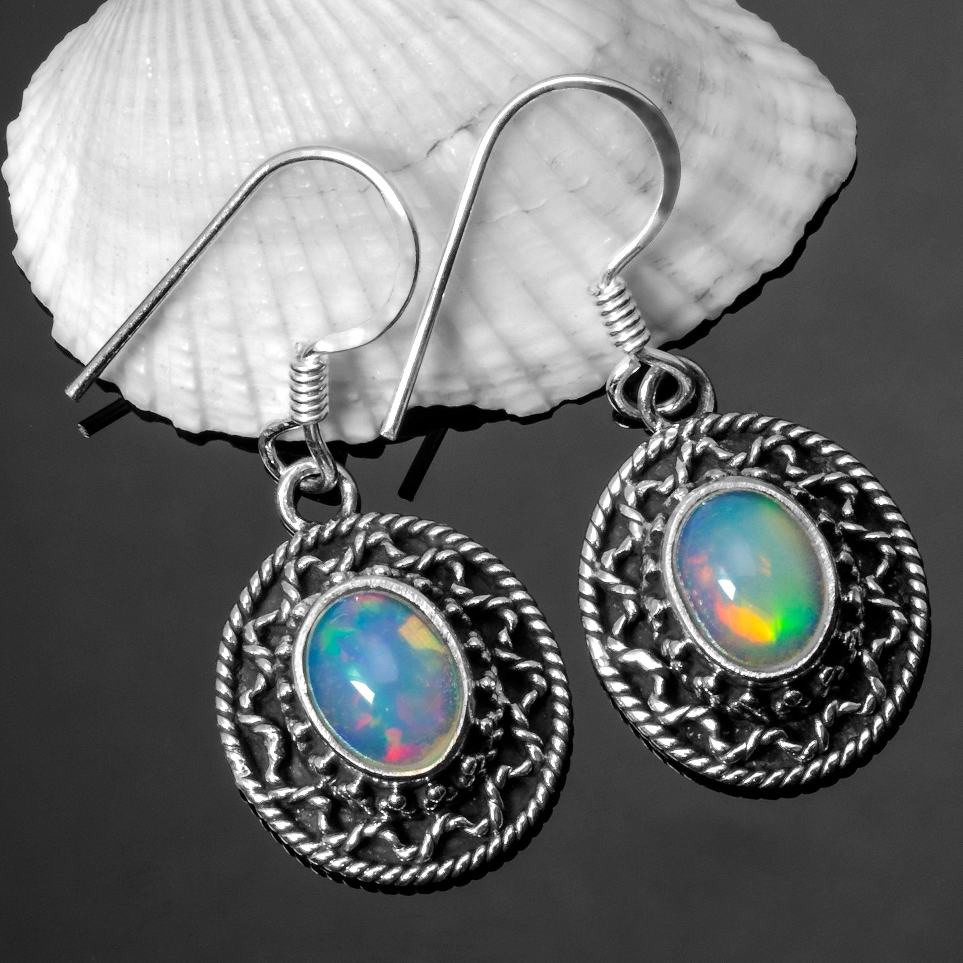Elegant 925 Sterling Silver Ethiopian Opal Drop Dangle Earrings Hook Ear Studs - White Rainbow jewellery / Multicolor stone Gemstone jewelry - Rios London