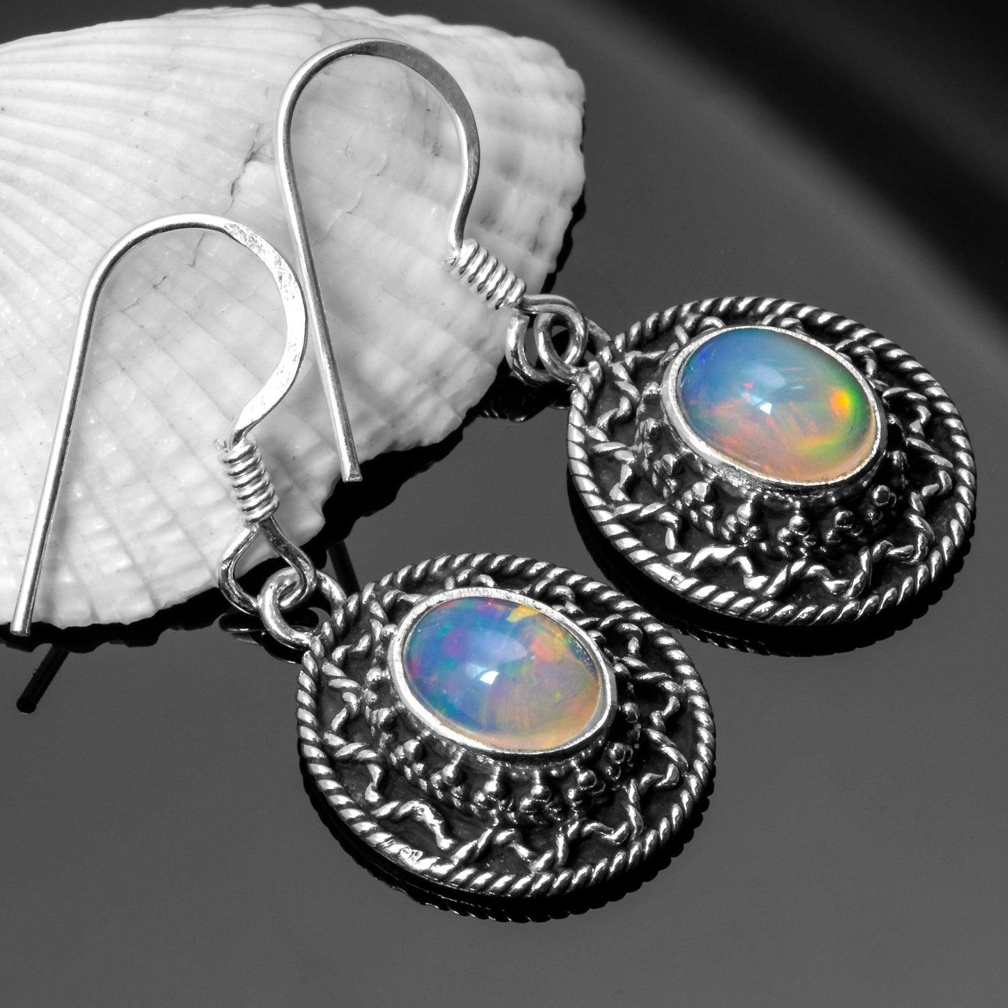 Elegant 925 Sterling Silver Ethiopian Opal Drop Dangle Earrings Hook Ear Studs - White Rainbow jewellery / Multicolor stone Gemstone jewelry - Rios London