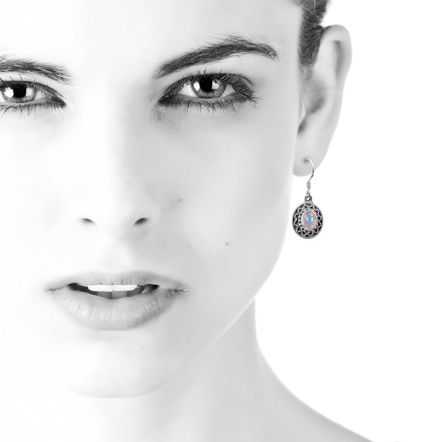 Elegant 925 Sterling Silver Ethiopian Opal Drop Dangle Earrings Hook Ear Studs - White Rainbow jewellery / Multicolor stone Gemstone jewelry - Rios London