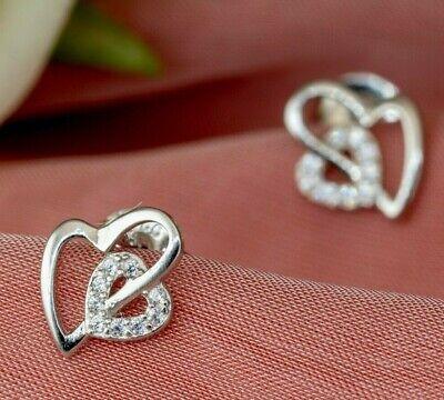 New 925 Sterling Silver Flashy Double Heart Cz Earrings Studs Gift Boxed - Rios London